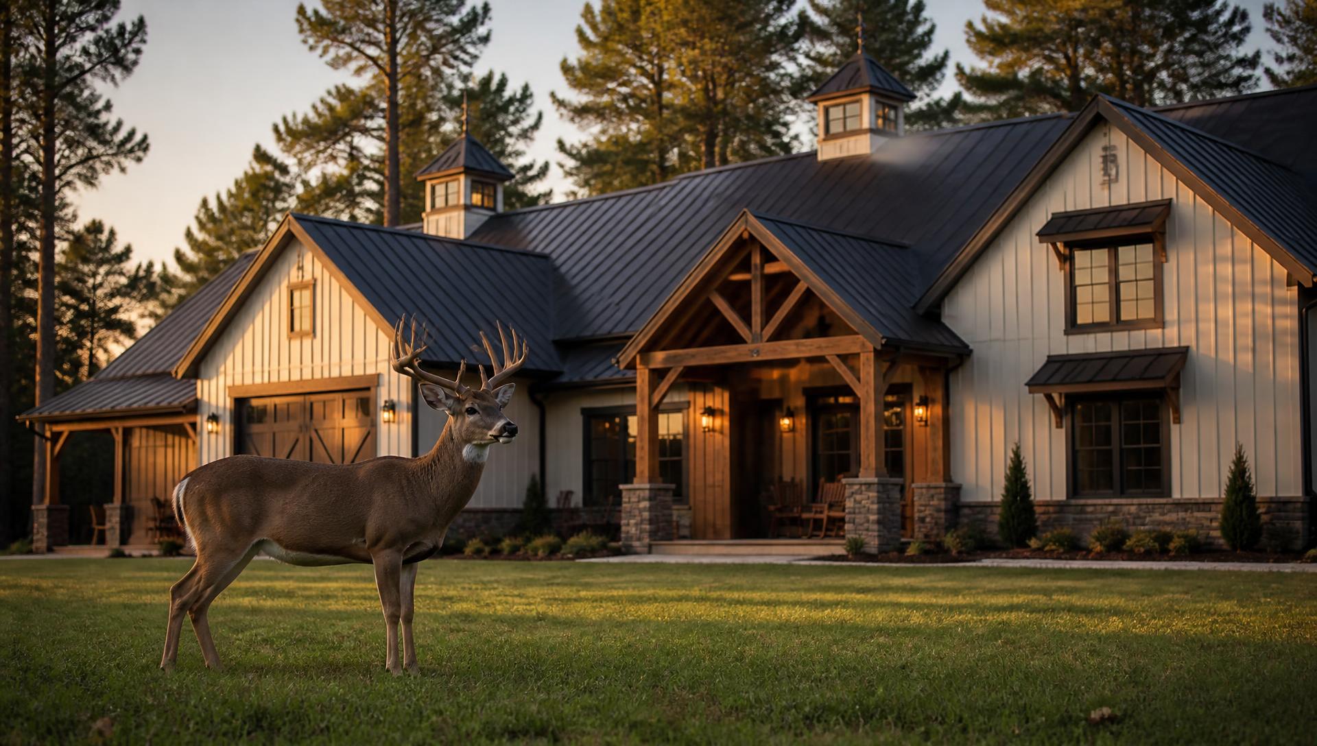 Whitetail buck standing in front of a custom barndominium home at golden hour